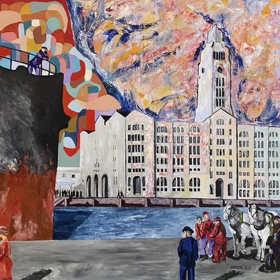  | &ldquo;Tiempos viejos&rdquo;(Te acord&aacute;s hermano).  Aduana de Montevideo 1933. Composici&oacute;n-adaptaci&oacute;n libre, &oacute;leo e acr&iacute;lico sobre impresi&oacute;n digital en tela. Fuente: revista Life 1935 - Men of the Docks, George Bellows.   2023.