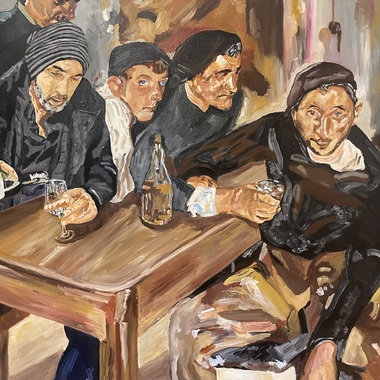 D_maso Arriero Garc_a | Homenaje a Joaquín Sorolla. “Tomando una copa con los borrachos de Zarauz”. Autorretrato. Adaptación libre del cuadro “El borracho, Zarauz” NG6683 Joaquín Sorolla, 1910.