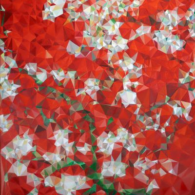  | Mandorlo in fiore su fondo rosso